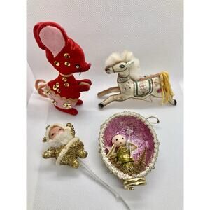VTG Christmas Ornament Lot - Glitter Santa, Chinese Horse, Velvet Mouse, Angel